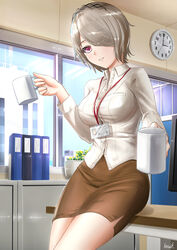  absurdres benghuai_xueyuan black_hairband brown_skirt clock collarbone collared_shirt commentary_request cowboy_shot cup dress_shirt eyes_visible_through_hair female grey_hair hair_over_one_eye hairband highres holding holding_cup honkai_(series) honkai_impact_3rd indoors kayama_kouji long_sleeves looking_at_viewer miniskirt mole mole_under_eye mug office_lady parted_lips pencil_skirt pink_eyes rita_rossweisse shirt short_hair side_slit signature skirt smile solo swept_bangs white_shirt wing_collar 