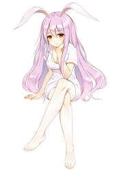  animal_ears barefoot breasts cleavage collarbone commentary_request crossed_legs dress feet female flan_(seeyouflan) hair_between_eyes head_rest highres large_breasts legs light_purple_hair long_hair looking_at_viewer pantyhose photoshop_(medium) rabbit_ears red_eyes reisen_udongein_inaba see-through short_sleeves simple_background sitting smile solo toes touhou very_long_hair white_background white_dress white_pantyhose 