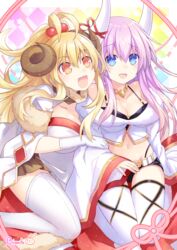  2girls alternate_costume anila_(granblue_fantasy) anila_(granblue_fantasy)_(cosplay) artist_name binato_lulu black_shorts blonde_hair blue_eyes breasts cleavage collarbone commentary_request cosplay draph gloves granblue_fantasy hair_between_eyes hair_ornament hand_on_another&#039;s_arm hand_on_own_thigh horie_yui horns kumbhira_(granblue_fantasy) kumbhira_(granblue_fantasy)_(cosplay) long_hair long_sleeves looking_at_viewer multiple_girls neptune_(series) open_mouth orange_eyes pleated_skirt purple_hair purple_sister sheep_horns short_shorts shorts sidelocks sitting skirt smile symbol-shaped_pupils thighhighs voice_actor_connection wariza white_gloves white_legwear wide_sleeves yellow_heart_(neptunia) yuuki_aoi 