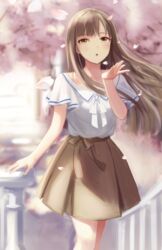  :o bad_id bad_pixiv_id blurry blurry_background bow bowtie brown_eyes brown_hair brown_skirt cherry_blossoms collarbone day female floating_hair hinoshita_akame idolmaster idolmaster_cinderella_girls long_hair looking_at_viewer miniskirt mizumoto_yukari neck_ribbon open_mouth outdoors pleated_skirt ribbon shirt short_sleeves skirt solo standing straight_hair very_long_hair white_bow white_bowtie white_ribbon white_shirt 