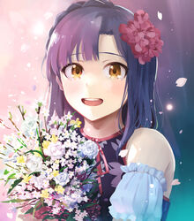  :d bad_id bad_pixiv_id bouquet braid brown_eyes commentary_request detached_sleeves female flower highres hinoshita_akame holding holding_bouquet idolmaster idolmaster_million_live! long_hair looking_at_viewer nanao_yuriko neck_ribbon open_mouth pink_ribbon purple_hair ribbon short_sleeves smile solo upper_body white_flower white_sleeves 