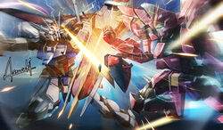  aegis_gundam aile_strike_gundam amasaki_yusuke battle beam_saber blocking commentary_request gundam gundam_seed mecha photoshop_(medium) robot shield signature thrusters 