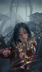  architecture artist_name black_hair bow bow_(music) burj_khalifa commentary destruction eiffel_tower empire_state_building english_commentary female hair_over_eyes highres holding holding_instrument holding_violin instrument leaning_tower_of_pisa light_particles lips location_request long_hair long_sleeves music notre_dame_de_paris open_mouth oriental_pearl_tower original parted_lips patreon_username playing_instrument violin wlop 