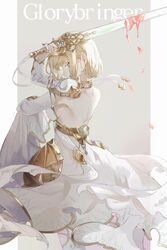  back bad_id bad_twitter_id blonde_hair closed_mouth commentary_request cowboy_shot detached_sleeves djeeta_(granblue_fantasy) dress earrings female from_behind glorybringer_(granblue_fantasy) granblue_fantasy highres holding holding_sword holding_weapon jewelry short_hair simple_background solo sword weapon white_dress yaboshi_(nasubi_222) yellow_eyes 