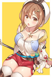  :d :o atelier_(series) atelier_ryza atelier_ryza_1 breasts brown_eyes brown_hair cleavage commentary_request female hair_ornament hairclip hat highres jewelry large_breasts looking_at_viewer navel necklace open_mouth photoshop_(medium) red_shorts reisalin_stout shiyo_yoyoyo short_hair short_shorts shorts simple_background sitting smile solo star_(symbol) thighhighs thighs white_hat white_thighhighs yellow_background 