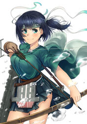  arrow_(projectile) bad_id bad_pixiv_id blue_hair blue_hakama bow_(weapon) breasts brown_gloves cowboy_shot female flight_deck gloves green_kimono hair_ribbon hakama hakama_short_skirt hakama_skirt headband highres holding holding_bow_(weapon) holding_weapon japanese_clothes kantai_collection kimono large_breasts partially_fingerless_gloves ribbon simple_background single_glove skirt solo souryuu_(kancolle) souryuu_kai_ni_(kancolle) standing twintails weapon white_background white_ribbon yugake zombie_mogura 