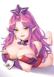  :d angela_(seiken_densetsu_3) bare_legs bare_shoulders barefoot breasts cleavage collarbone commentary_request crossed_arms earrings eyes_visible_through_hair female gloves green_eyes hair_intakes hat highres jewelry kanata_(kanata_onion) large_breasts leotard long_hair looking_at_viewer mini_hat open_mouth photoshop_(medium) pointy_ears purple_gloves purple_hair purple_hat red_leotard seiken_densetsu seiken_densetsu_3 shadow smile solo strapless strapless_leotard teeth white_background wrist_cuffs 