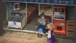  2girls antenna_hair bad_id bad_pixiv_id bare_shoulders bench blonde_hair blue_skirt boots brown_footwear brown_headwear commentary convenience_store cowboy_shot cross-laced_footwear detached_sleeves dress food frog_hair_ornament green_eyes green_hair hair_ornament hair_tubes highres holding holding_food kochiya_sanae kooribata lace-up_boots long_hair long_skirt long_sleeves looking_at_another md5_mismatch mikado_(winters) moriya_suwako multiple_girls outdoors petticoat purple_dress ribbon-trimmed_sleeves ribbon_trim shadow shaved_ice shop short_dress sidelocks sitting skirt smile snake_hair_ornament soda touhou translated vending_machine wide_sleeves window 