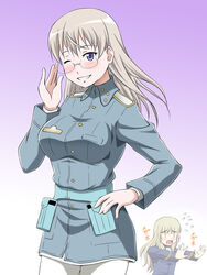  2girls 3_3 bespectacled blonde_hair blush breasts commentary_request eila_ilmatar_juutilainen eyewear_switch glasses gradient_background grin hand_on_own_hip hiro_yoshinaka large_breasts looking_at_viewer looking_for_glasses military military_uniform multiple_girls no_eyewear one_eye_closed open_mouth pantyhose parted_lips perrine_h._clostermann purple_background purple_eyes simple_background smile strike_witches sweatdrop teeth uniform unworn_eyewear white_background white_hair white_legwear world_witches_series 