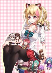  .live 6+girls @_@ absurdres animal_ears bad_id bad_pixiv_id black-framed_eyewear black_jacket black_legwear black_skirt blonde_hair blue_eyes blue_hair blush blush_stickers breasts brown_eyes brown_hair brown_shirt carro_pino character_name chibi cleavage collarbone collared_shirt commentary_request darjeeling_(reley) dress_shirt fake_animal_ears glasses glowing green_hair green_skirt grey_hair grey_skirt grin hair_ornament hair_over_one_eye hairclip highres jacket japanese_clothes kakyouin_chieri kimono kitakami_futaba kneehighs kongou_iroha large_breasts long_hair long_sleeves mini_person minigirl mokota_mememe multicolored_hair multiple_girls nekonoki_mochi opaque_glasses pink_hair plaid plaid_background plaid_skirt pleated_skirt puffy_short_sleeves puffy_sleeves purple_hair purple_kimono red_eyes red_skirt semi-rimless_eyewear shirt short_sleeves side_ponytail skirt sleeping smile socks sparkle streaked_hair sweater_vest thighhighs twintails under-rim_eyewear very_long_hair virtual_youtuber white_shirt wide_sleeves yaezawa_natori yamato_iori yozakura_tama 