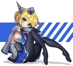  black_gloves black_pantyhose blonde_hair blue_eyes blue_necktie braid breasts capelet colorado_(kancolle) commentary_request dress elbow_gloves female garrison_cap gloves grey_dress grey_hat hat head_tilt headgear itsumo_nokoru kantai_collection large_breasts looking_at_viewer necktie no_shoes pantyhose pleated_dress shirt short_hair side_braids sideboob sleeveless solo two-tone_background white_background white_shirt 