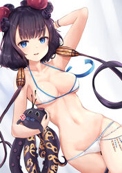  arm_behind_head bare_shoulders bead_bracelet beads bikini blue_eyes blush bracelet breasts cleavage collarbone fate/grand_order fate_(series) female flower hair_flower hair_ornament highres jewelry katsushika_hokusai_(fate) katsushika_hokusai_(swimsuit_saber)_(fate) looking_at_viewer md5_mismatch medium_breasts navel neneru octopus parted_lips purple_hair smile swimsuit tentacle thighs tokitarou_(fate) white_bikini 