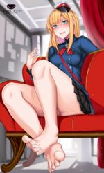  ass barefoot black_skirt blonde_hair blue_jacket blush breasts commentary_request fate/grand_order fate_(series) feet female flower foot_focus from_below green_eyes grey_flower hanada_yanochi hat indoors jacket long_hair looking_at_viewer lord_el-melloi_ii_case_files medium_breasts red_hat reines_el-melloi_archisorte sitting skirt solo toes translation_request white_hat 