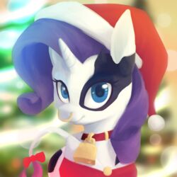  1:1 2018 blue_eyes christmas christmas_clothing christmas_headwear clothing cowbell equid equine facial_piercing fan_character female feral friendship_is_magic hasbro hat headgear headwear hi_res holidays horn looking_at_viewer mammal my_little_pony mythological_creature mythological_equine mythology nose_piercing nose_ring outside piercing raricow_(mlp) rarity_(mlp) ring_piercing santa_hat smile solo stardep unicorn 