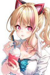  .live absurdres animal_ears bad_id bad_pixiv_id blonde_hair blue_bow blush bow breasts cleavage collarbone collared_shirt commentary_request cup darjeeling_(reley) disposable_cup drinking_straw fake_animal_ears female fingernails glowing hair_between_eyes hair_intakes highres holding holding_cup large_breasts long_hair looking_at_viewer multicolored_hair nail_polish nekonoki_mochi parted_lips pink_hair pink_nails purple_eyes shirt short_sleeves side_ponytail simple_background solo streaked_hair upper_body virtual_youtuber white_background white_shirt 