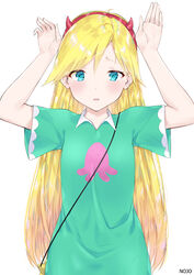  9nojo :o blonde_hair blue_eyes blush breasts commentary_request dress fake_horns female green_dress hairband hands_up highres horned_headwear horns long_hair looking_at_viewer sad short_sleeves simple_background smile solo star_butterfly star_vs_the_forces_of_evil white_background 