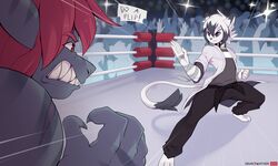  5:3 anthro bandage clothed clothing drawpanther duo ereki_kagami felid feline fighting_pose fighting_ring fish hair male mammal marine pose shark standing teeth 