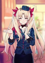  black_bow black_choker blonde_hair blue_jacket blush bow bow_choker chaldea_logo choker closed_eyes closed_mouth command_spell ereshkigal_(fate) ereshkigal_(festival_outfit)_(fate) facing_viewer fate/grand_order fate_(series) female flying_sweatdrops hair_ribbon hands_up jacket long_hair long_sleeves nervous nervous_smile official_alternate_costume outstretched_hand parted_bangs red_ribbon ribbon sleeve_cuffs smile solo sweat tilted_headwear trembling two_side_up very_long_hair yaoshi_jun 