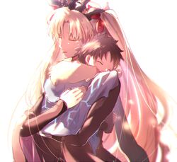  1boy aged_down backlighting black_dress black_hair blonde_hair blush carrying carrying_person closed_eyes closed_mouth commentary_request dress ereshkigal_(fate) ereshkigal_(third_ascension)_(fate) fate/grand_order fate_(series) female fujimaru_ritsuka_(male) fur-trimmed_hood fur_trim hair_ribbon hand_on_another&#039;s_back happy_tears holding_person hood hood_down hug layered_sleeves light_blush lolicon long_hair long_sleeves parted_lips red_ribbon ribbon simple_background smile tearing_up tears tiara two_side_up very_long_hair white_background yukinaga_(asuten) 