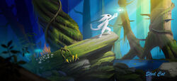  ambiguous_gender anthro black_eyes fungus fur guardian_spirit hi_res light mammal microsoft moss mushroom ori_(ori) ori_(series) plant puddle solo standing steel_cat sunlight swamp tree wallpaper water waterfall white_body white_fur wilderness xbox_game_studios 