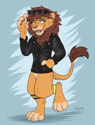  4_toes barefoot claws clothing digitigrade eyewear eyewear_on_head feet felid hi_res jacket leather leather_clothing leather_jacket leather_topwear lion male mammal pantherine smile solo soukuugo sunglasses sunglasses_on_head toes topwear waywardmutt 