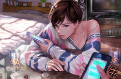  absurdres bed bedroom blue_eyes bra bra_peek bra_strap brown_hair candy cellphone cellphone_photo chocolate commentary_request cup drinking_glass earrings female food heart heart-shaped_chocolate highres holding holding_phone jewelry lips looking_at_viewer maeko_(pixiv17012595) necklace nose off_shoulder original phone pov pov_hands revision short_hair sleeves_past_wrists smartphone solo_focus sweater table television text_messaging translation_request underwear 