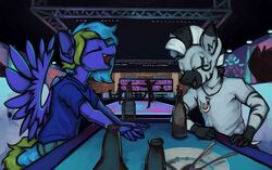  alcohol anthro bar beverage closed_eyes clothed clothing equid equine fan_character group hasbro hi_res inside kona_(disambiguation) male mammal marsminer my_little_pony zebra 