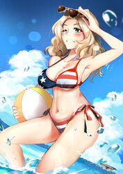  absurdres aircraft_carrier american_flag american_flag_bikini american_flag_print ball beachball bikini blonde_hair blue_eyes blue_sky cloud commentary_request day dutch_angle eyewear_on_head female flag_print girls_und_panzer grin hair_intakes highres horizon kay_(girls_und_panzer) kowaremashita long_hair military military_vehicle navel ocean outdoors print_bikini revision ship side-tie_bikini_bottom sky smile solo splashing stomach sunglasses swimsuit warship watercraft 