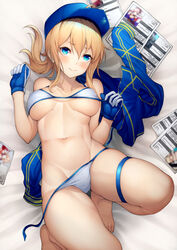  ahoge artoria_pendragon_(all) bangs banned_artist bare_shoulders barefoot baseball_cap bikini blonde_hair blue_eyes blue_gloves blue_headwear blue_jacket blush breasts closed_mouth fate/grand_order fate_(series) female gloves hair_between_eyes hair_through_headwear hat jacket jacket_removed kyoeiki large_breasts long_hair looking_at_viewer mysterious_heroine_xx_(foreigner) navel pages ponytail sidelocks smile solo swimsuit thigh_strap white_bikini 