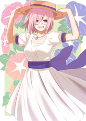  alternate_costume bare_shoulders breasts collarbone commentary_request dress fate/grand_order fate_(series) female glasses gloves hair_over_one_eye hat highres jewelry large_breasts long_dress looking_at_viewer mash_kyrielight necklace open_mouth pink_eyes pink_hair purple_eyes purple_hair shiime short_hair short_sleeves smile solo teeth upper_teeth_only white_dress 