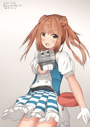  1other :d absurdres aiming alternate_costume artist_name bad_id bad_pixiv_id belt brown_eyes checkered_clothes checkered_dress commentary_request cowboy_shot dated double_bun dress enemy_lifebuoy_(kancolle) female gloves hair_bun highres holding holding_turret kantai_collection light_brown_hair michishio_(kancolle) numarinko oerba_yun_fang open_mouth pointing pointing_at_viewer short_sleeves short_twintails simple_background smile turret twintails twitter_username white_background white_gloves 