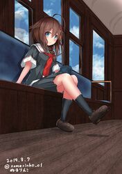  ahoge artist_name black_serafuku black_skirt black_socks blue_eyes blush braid brown_footwear brown_hair commentary_request dated female hair_between_eyes hair_flaps hair_ornament hair_over_shoulder highres kantai_collection loafers long_hair looking_at_viewer necktie numarinko pleated_skirt red_necktie school_uniform serafuku shigure_(kancolle) shigure_kai_ni_(kancolle) shoes short_sleeves single_braid sitting skirt smile socks solo train_interior twitter_username 