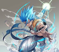  1boy aura baggy_pants blue_eyes blue_hair commentary_request dragon_ball dragon_ball_super dragon_ball_super_broly energy_ball english_commentary fighting_stance gogeta gradient_background grey_background grin highres katsutake leaning leaning_forward looking_away male_focus metamoran_vest mixed-language_commentary outstretched_arm pants photoshop_(medium) rock shaded_face simple_background smile smoke solo spiked_hair standing standing_on_one_leg super_saiyan super_saiyan_blue waistcoat white_background white_pants wristband 