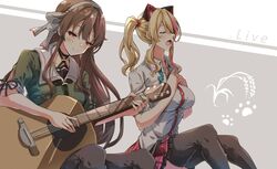  .live 2girls absurdres animal_ears bad_id bad_pixiv_id black_legwear blonde_hair blush bow breasts brown_hair closed_eyes closed_mouth collared_shirt commentary_request copyright_name darjeeling_(reley) dress dress_shirt fake_animal_ears frilled_skirt frills glowing green_dress guitar hair_between_eyes hairband hairbow highres holding holding_instrument instrument large_breasts long_hair multicolored_hair multiple_girls nekonoki_mochi open_mouth pink_hair red_eyes red_skirt shirt side_ponytail sitting skirt smile streaked_hair thighhighs very_long_hair virtual_youtuber white_bow white_hairband white_shirt yaezawa_natori 