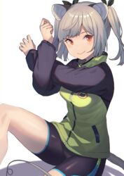  animal_ears arm_across_chest bike_shorts black_ribbon black_shorts blush breasts closed_mouth commentary_request fang_out female green_jacket grey_hair hair_ribbon high_collar jacket knee_up long_sleeves looking_at_viewer medium_breasts oerba_yun_fang original peroncho red_eyes ribbon short_shorts shorts sitting smile solo stretching tail twintails 