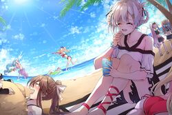  .live 6+girls :d ^_^ absurdres ass bad_id bad_pixiv_id bare_legs bare_shoulders barefoot beach bendy_straw bikini black_gloves black_skirt blonde_hair blue_hair blue_sky blush bow braid braided_hair_rings breasts brown_hair butterfly_net carro_pino closed_eyes cloud cloudy_sky collarbone commentary_request cup darjeeling_(reley) day drinking_glass drinking_straw fingerless_gloves gloves hair_between_eyes hair_rings hair_up hairbow hand_net high_ponytail highres holding holding_cup horizon ice ice_cube innertube kakyouin_chieri kiso_azuki kongou_iroha large_breasts long_hair lying mokota_mememe multiple_girls nekonoki_mochi ocean off-shoulder_shirt off_shoulder on_back open_mouth outdoors palm_tree pleated_skirt ponytail purple_bikini purple_bow purple_hair red_bikini sand sarong shirt side-tie_bikini_bottom sidelocks sitting skirt sky smile standing standing_on_one_leg swim_ring swimsuit tree twintails very_long_hair virtual_youtuber water white_bow white_hair white_shirt yaezawa_natori yamato_iori yozakura_tama 