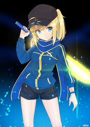  9nojo ahoge artist_name artoria_pendragon_(fate) baseball_cap black_hat blonde_hair blue_eyes blue_jacket blue_scarf breasts commentary fate/grand_order fate_(series) female hair_between_eyes hat highres holding holding_sword holding_weapon jacket long_hair long_sleeves looking_at_viewer mysterious_heroine_x_(fate) pixiv_fate/grand_order_contest_2 ponytail scarf shorts sidelocks solo sword track_jacket weapon 