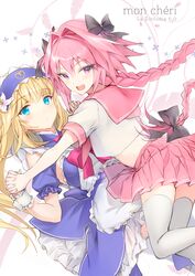  1boy 1other androgynous apron astolfo_(fate) astolfo_(sailor_paladin)_(fate) bare_shoulders black_bow black_ribbon blonde_hair blue_dress blue_eyes blush bow braid chevalier_d&#039;eon_(fate) chevalier_d&#039;eon_(maid_knight)_(fate) commentary_request dress fate/apocrypha fate/grand_order fate_(series) flower hair_intakes hair_ribbon highres hisagiyuu long_hair looking_at_viewer maid male_focus official_alternate_costume open_mouth otoko_no_ko pink_hair pink_ribbon pink_shirt pink_skirt purple_eyes ribbon school_uniform serafuku shirt short_sleeves single_braid skirt smile thighhighs white_apron white_flower white_legwear white_shirt 