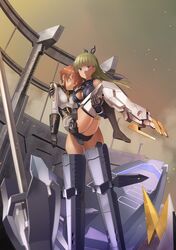  2girls alice_gear_aegis araime_yasuri black_skirt blonde_hair blunt_bangs brown_hair carrying cleavage_cutout closed_mouth clothing_cutout fainted fujimo_ruru hair_ribbon highres kanagata_sugumi lance leg_armor leotard mecha_musume multiple_girls panties polearm princess_carry purple_eyes ribbon skin_tight skirt underwear upskirt weapon white_panties 