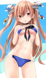  ass_visible_through_thighs bikini blue_bikini blush breasts brown_eyes choker female hair_ribbon johnston_(kancolle) johnston_kai_(swimsuit_mode)_(kancolle) kantai_collection light_brown_hair long_hair looking_at_viewer medium_breasts navel ribbon simple_background solo star_(symbol) swimsuit tongue tongue_out two_side_up underboob yuki_(yukin0128) 