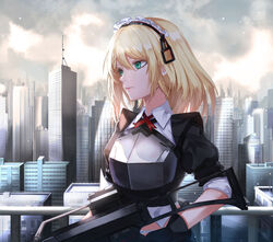  armor assault_rifle bad_id bad_pixiv_id black_gloves blonde_hair braid braided_bangs breastplate city cityscape collared_shirt fall_(aki) female french_braid g36_(girls&#039;_frontline) g36_(mod3)_(girls&#039;_frontline) girls&#039;_frontline gloves green_eyes gun h&amp;k_g36 holding holding_gun holding_weapon maid maid_headdress medium_hair neck_ribbon red_ribbon ribbon rifle shirt sidelocks sleeves_rolled_up weapon wing_collar 