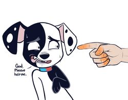  101_dalmatian_street 101_dalmatians 2019 canid canine canis cheeto_dust dalmatian deepak_(101_dalmatians) dialogue disembodied_hand disney domestic_dog duo english_text higglytownhero human male mammal panicking solo_focus text 