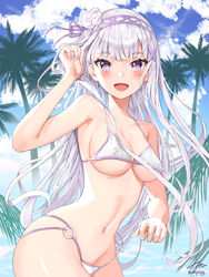  artist_name bare_shoulders bikini blush breasts cleavage cloud collarbone commentary_request day dopoing emilia_(re:zero) female flower hair_flower hair_ornament hair_ribbon hairclip highres large_breasts long_hair looking_at_viewer navel o-ring o-ring_bikini outdoors palm_tree purple_eyes re:zero_kara_hajimeru_isekai_seikatsu ribbon smile solo swimsuit tree white_bikini white_flower white_hair x_hair_ornament 