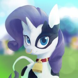  1:1 2018 blue_eyes cowbell equid equine facial_piercing fan_character female feral friendship_is_magic hasbro hi_res horn looking_at_viewer mammal my_little_pony mythological_creature mythological_equine mythology nose_piercing nose_ring outside piercing raricow_(mlp) rarity_(mlp) ring_piercing smile solo stardep unicorn 