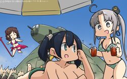  3girls ahoge aircraft airplane akitsushima_(kancolle) beach_umbrella bikini blue_eyes blue_hair blue_sky bow breasts brown_hair cleavage closed_eyes commentary_request cosplay dated day drill_hair drink fate/grand_order fate_(series) gae_bolg_(fate) gradient_sky green_bikini grey_eyes grey_hair hairbow hamu_koutarou harukaze_(kancolle) hat highres kantai_collection large_breasts long_hair lying medium_breasts mini_hat multiple_girls nishikitaitei-chan noto_mamiko on_stomach open_mouth out-of-frame_censoring outdoors pink_bikini pink_sarong polearm polka_dot polka_dot_bikini red_bow sarong scathach_(fate) scathach_(swimsuit_assassin)_(fate) scathach_(swimsuit_assassin)_(fate)_(cosplay) side_ponytail sidelocks sky smile souryuu_(kancolle) spear swimsuit topless twin_drills twintails umbrella voice_actor_connection weapon x_navel 