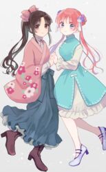  2girls black_hair blue_eyes blunt_bangs blush boots bow brown_eyes chinese_clothes commentary_request double_bun floral_print flower full_body gintama hair_bun hair_flower hair_ornament hairbow high_heels high_ponytail holding_hands interlocked_fingers japanese_clothes kimono leg_up lolita_fashion long_hair multiple_girls nuka_(nukamochi) orange_hair qi_lolita short_hair simple_background smile standing tokugawa_soyo twintails wa_lolita wide_sleeves yuri 