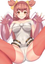  aged_up akura_(arc_the_lad) arc_the_lad arc_the_lad_ii blush breasts brown_eyes cameltoe choko_(arc_the_lad) commentary_request covered_navel female hair_ribbon leotard long_hair looking_at_viewer open_mouth red_hair ribbon short_twintails simple_background smile solo tomoki_(omaenoie) twintails white_background wings 