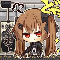  &gt;:) 7:08 absurdres black_bow black_jacket blush bow brown_hair bullet_hole chibi closed_mouth commentary_request doyagao female floating_hair full_body girls&#039;_frontline grey_skirt gun h&amp;k_ump hairbow highres holding holding_gun holding_weapon jacket long_hair long_sleeves looking_at_viewer miniskirt open_clothes open_jacket pleated_skirt puff_of_air shell_casing shirt shooting_range silhouette_target skirt smile smug solo standing submachine_gun target_practice twintails ump9_(girls&#039;_frontline) v-shaped_eyebrows very_long_hair weapon white_shirt 