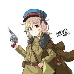  absurdres blonde_hair character_name commentary_request dlet english_text female fur_collar girls&#039;_frontline gun gymnastiorka handgun hat highres jacket jacket_on_shoulders korean_commentary medal megaphone military military_uniform nagant_m1895 nagant_revolver_(girls&#039;_frontline) nkvd peaked_cap protected_link red_eyes revolver solo soviet uniform weapon 