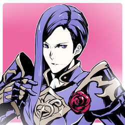  1boy armor commentary_request fire_emblem fire_emblem:_three_houses flower gloves long_hair lorenz_hellman_gloucester male_focus photoshop_(medium) pink_background purple_eyes purple_hair qgame solo upper_body 